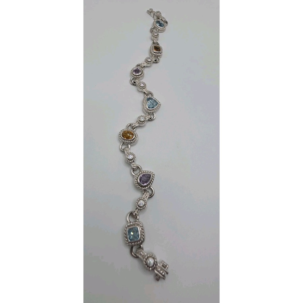 Judith Ripka 925 Sterling Silver Faceted Gemstone CZ Link 8" Bracelet Thailand